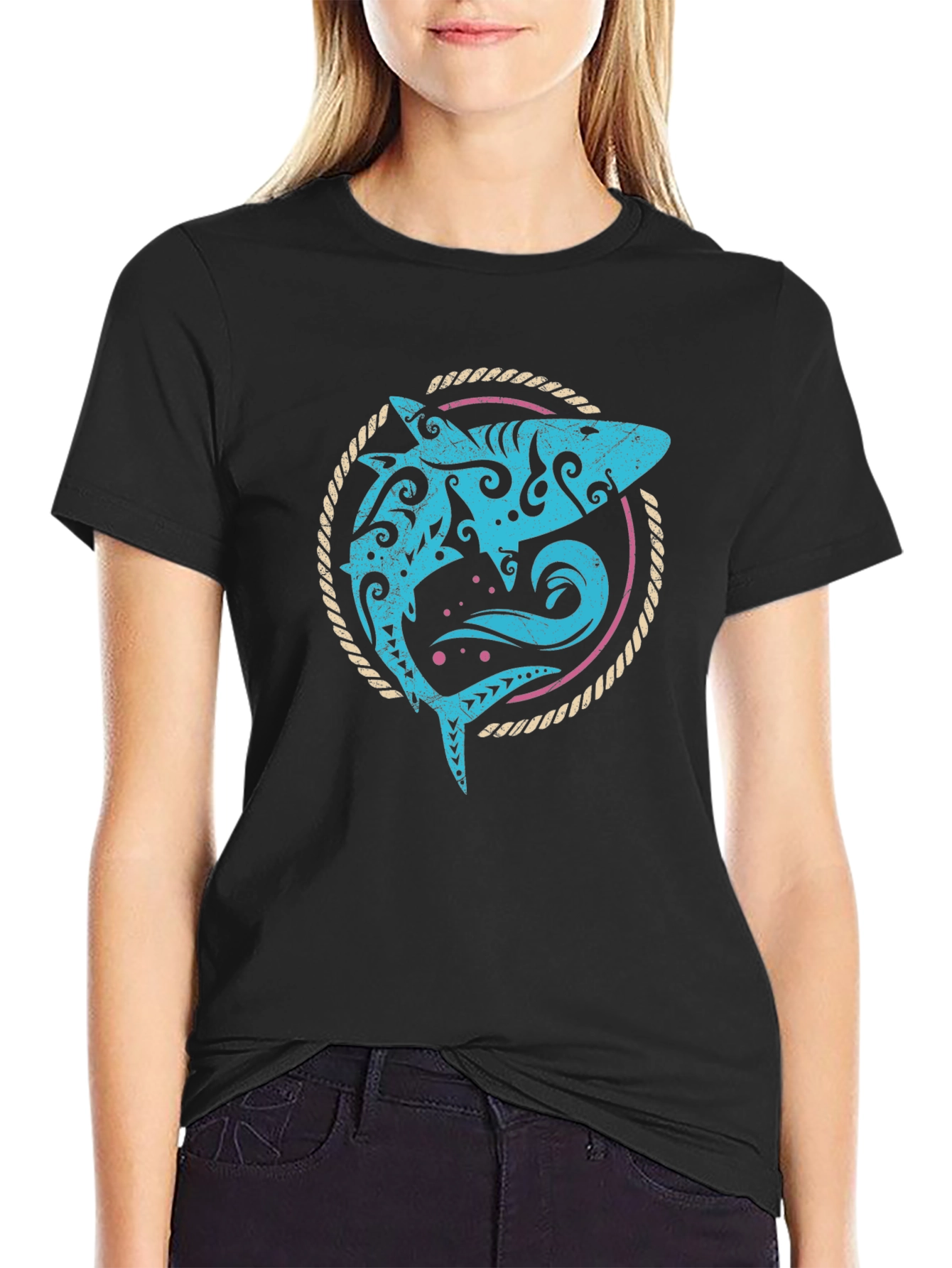 Tribal Shark Graphic Tee - Mens Black T-Shirt