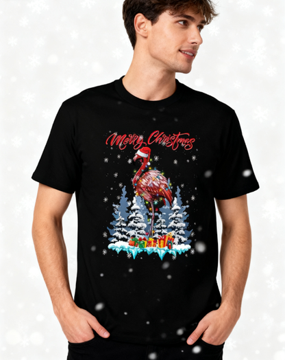 Merry Christmas Flamingo Graphic T-Shirt - 100% Cotton, Festive Exclusive for Holiday Parties & Casual Occasions