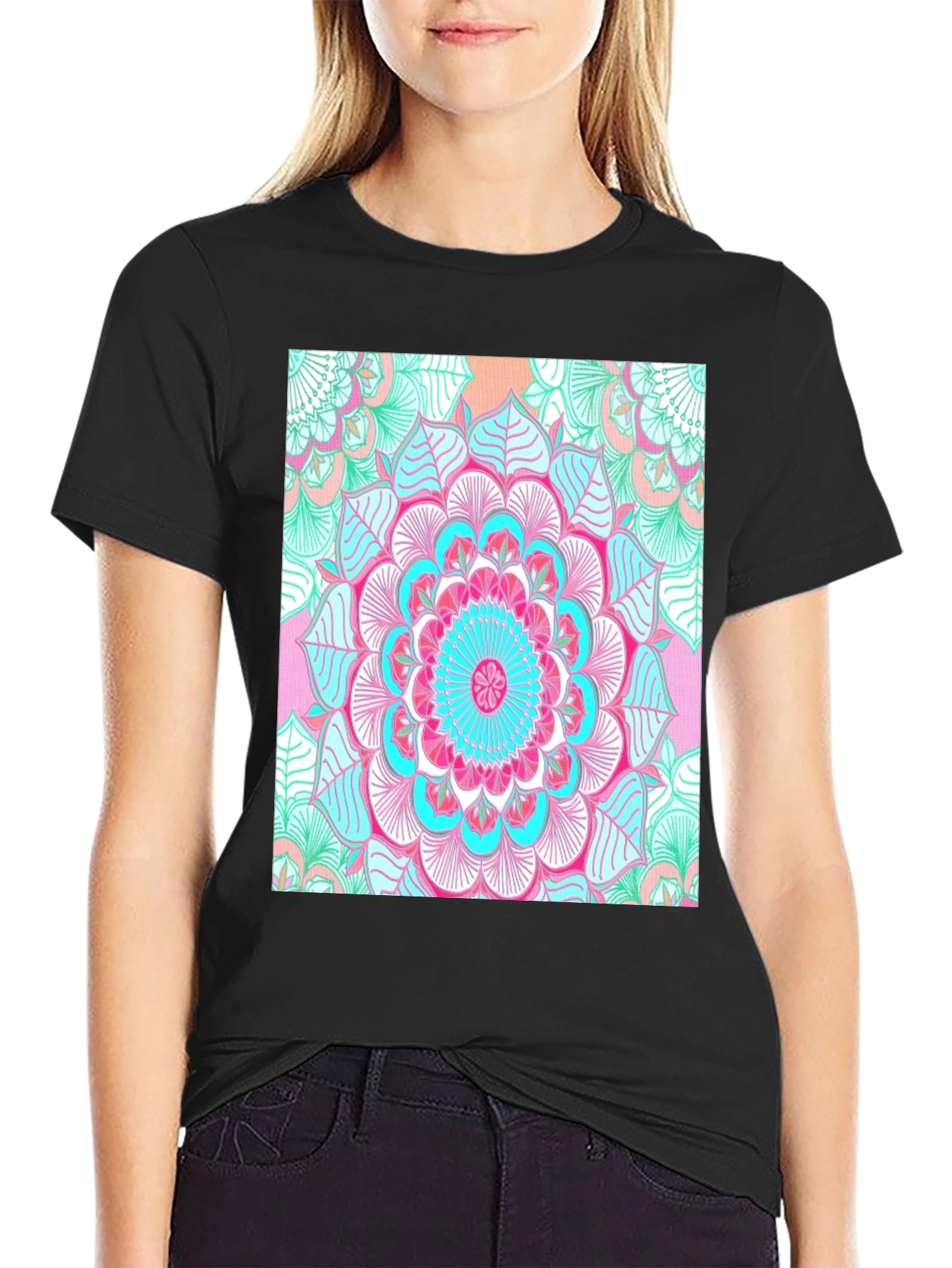 Vibrant Mandala Print Black T-Shirt