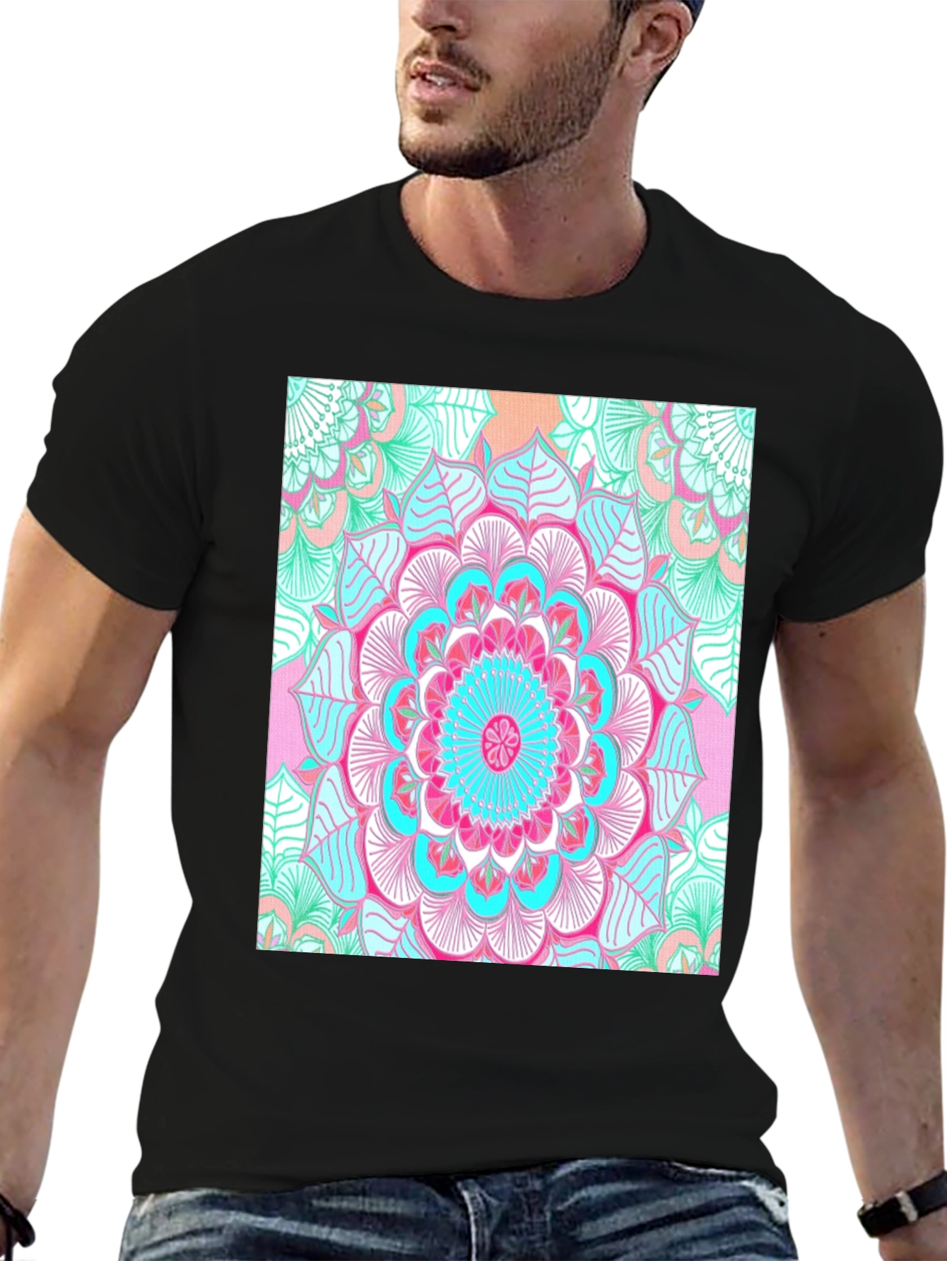 Vibrant Mandala Print Black T-Shirt