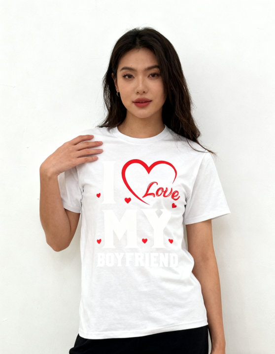 I Love My Boyfriend Heart T-Shirt - 100% Cotton, Romantic Casual Tee for Couples & Daily Occasions