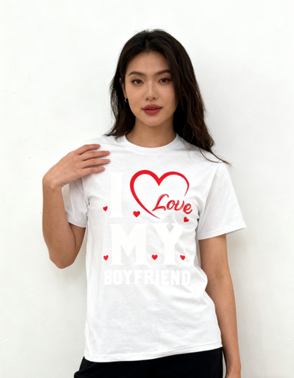 I Love My Boyfriend Heart T-Shirt - 100% Cotton, Romantic Casual Tee for Couples & Daily Occasions
