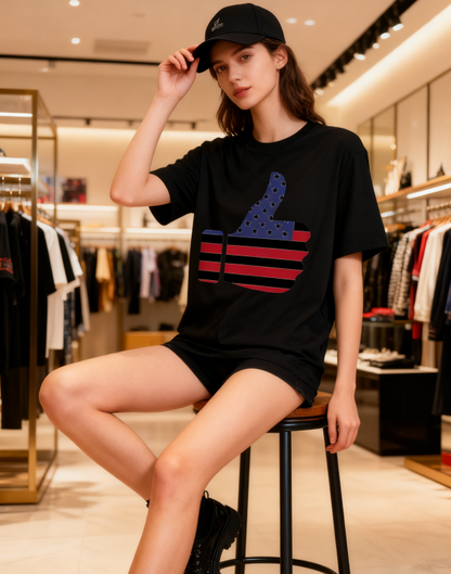 Unisex American Flag Thumbs Up Graphic Print T-Shirt, 1 pcs 190g 100% Pure Cotton Casual Oversized T-Shirt