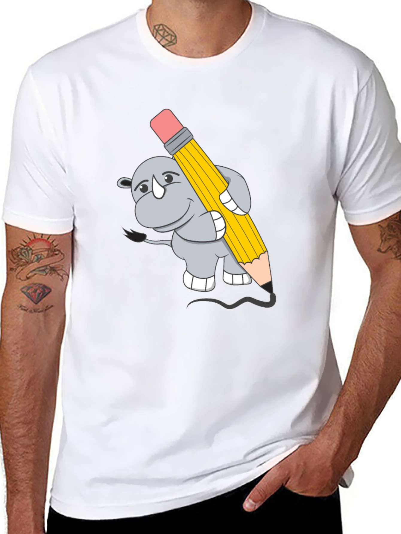 Rhino with Pencil Graphic Tee - Unisex Black T-Shirt