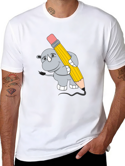 Rhino with Pencil Graphic Tee - Unisex Black T-Shirt