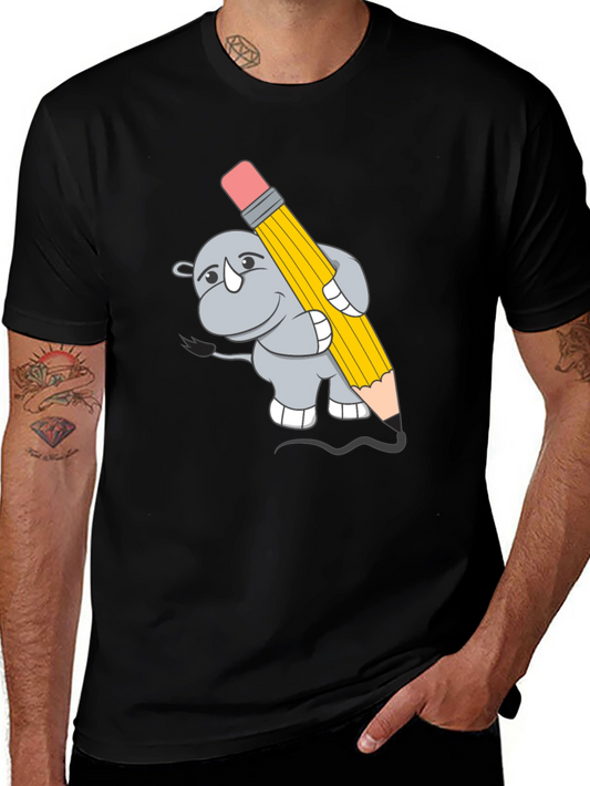 Rhino with Pencil Graphic Tee - Unisex Black T-Shirt