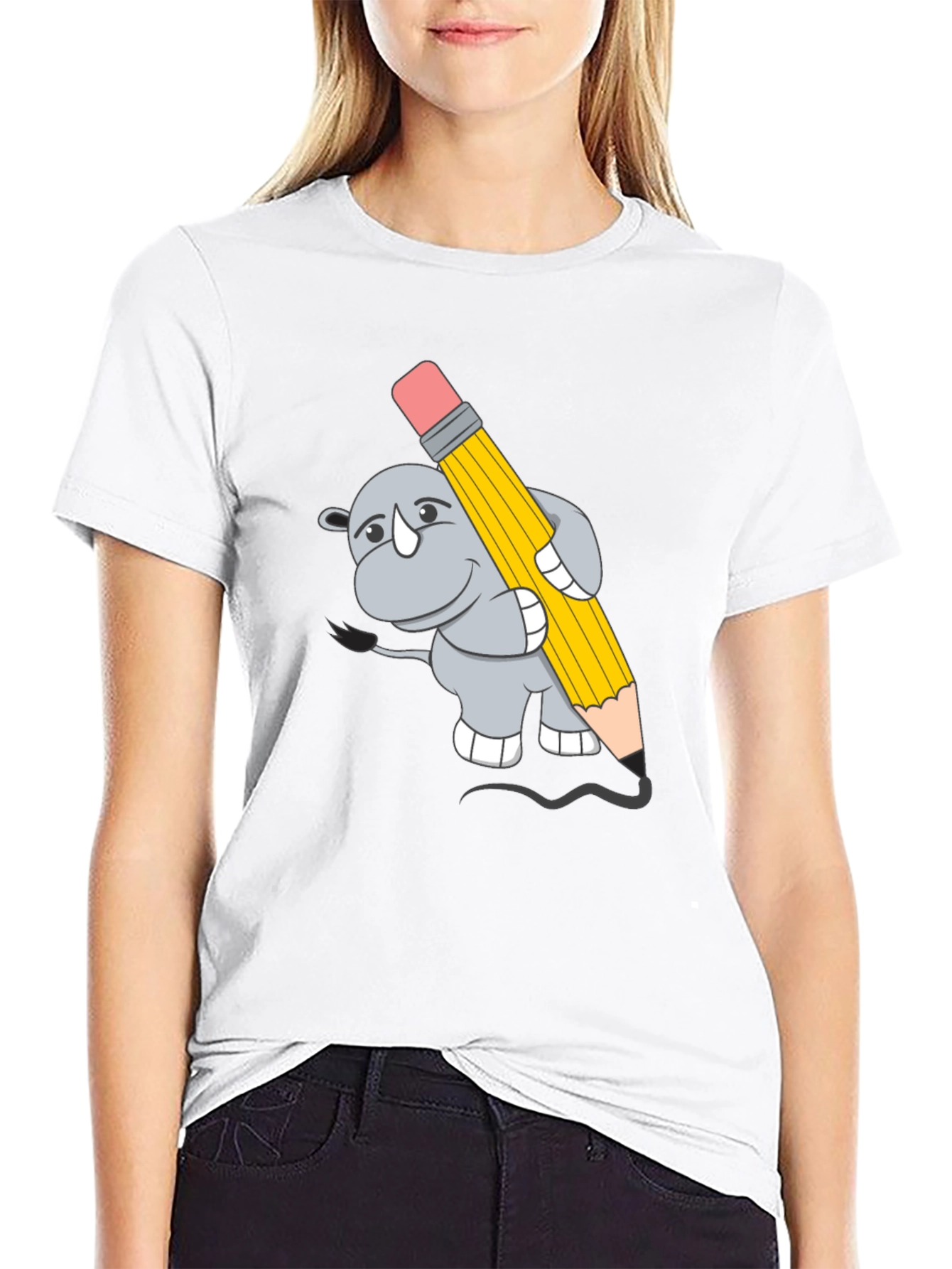 Rhino with Pencil Graphic Tee - Unisex Black T-Shirt