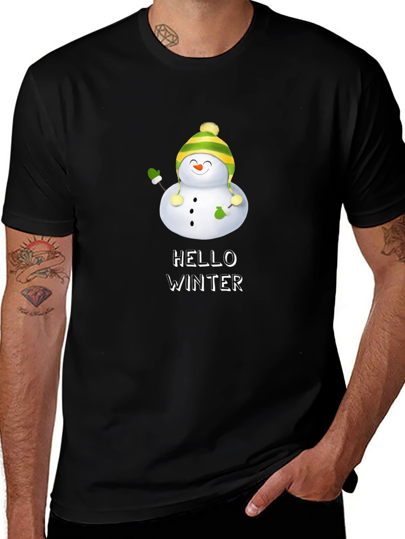 Hello Winter Snowman Graphic Tee - Black