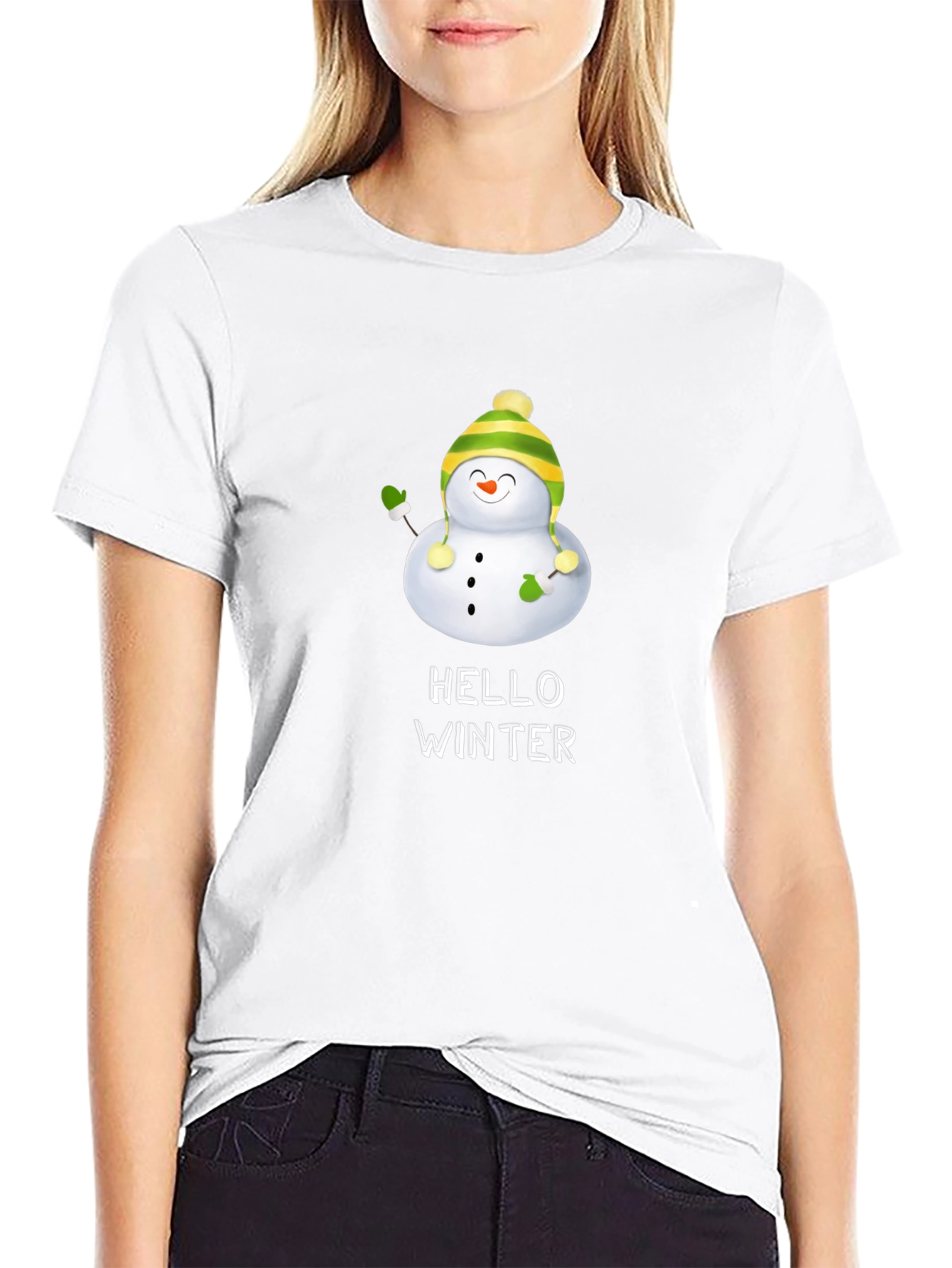 Hello Winter Snowman Graphic Tee - Black