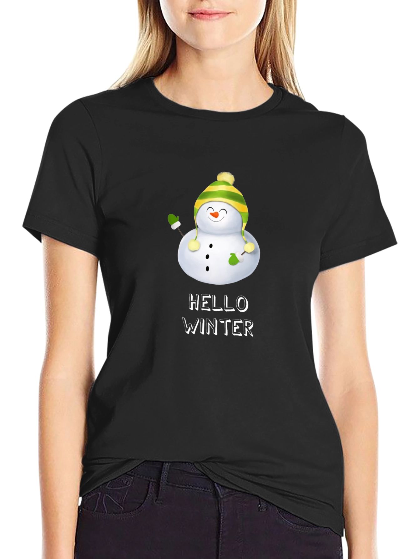 Hello Winter Snowman Graphic Tee - Black