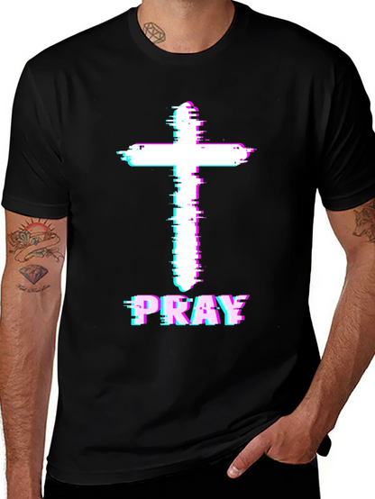Pray Cross Glitch T-Shirt - Christian Faith Tee
