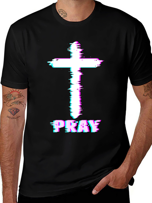 Pray Cross Glitch T-Shirt - Christian Faith Tee