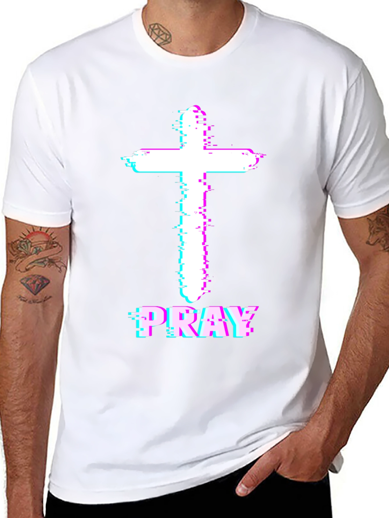 Pray Cross Glitch T-Shirt - Christian Faith Tee