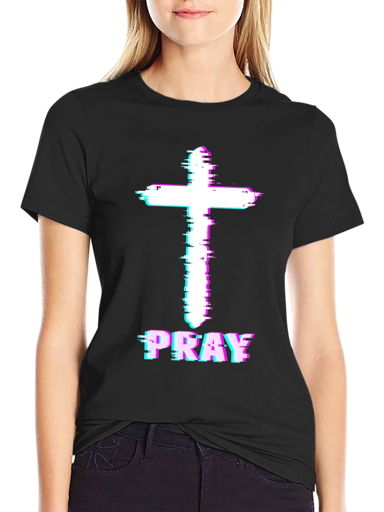 Pray Cross Glitch T-Shirt - Christian Faith Tee