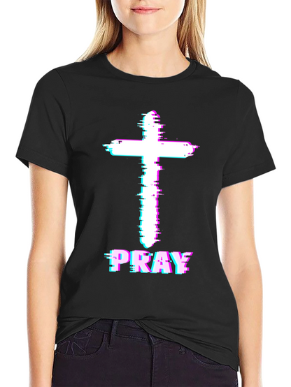 Pray Cross Glitch T-Shirt - Christian Faith Tee