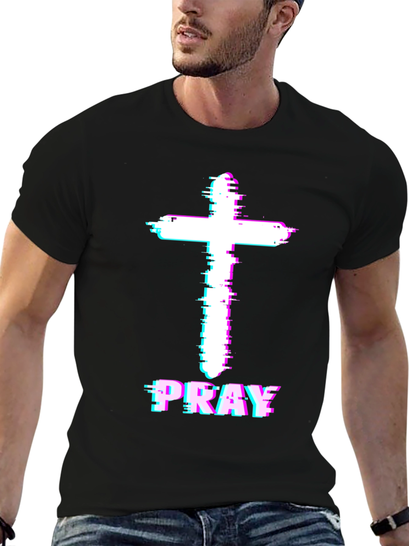 Pray Cross Glitch T-Shirt - Christian Faith Tee