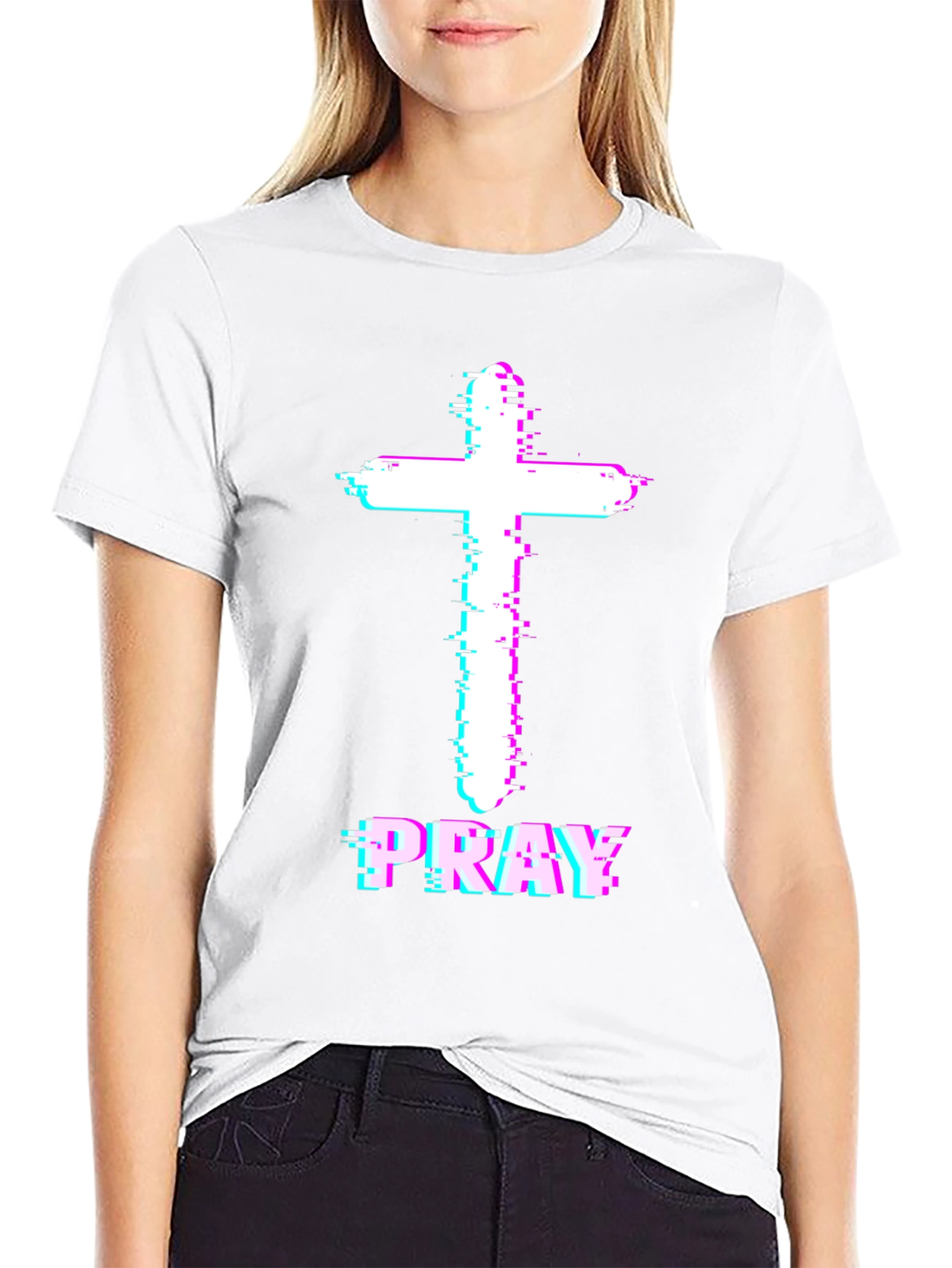 Pray Cross Glitch T-Shirt - Christian Faith Tee