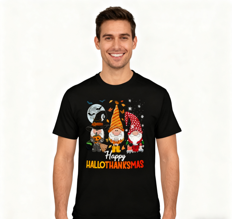Happy HalloThanksMas Gnome T-Shirt - 100% Cotton, Festive Tee for Halloween, Thanksgiving & Christmas Celebrations