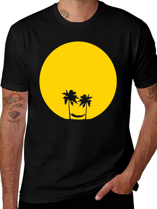 Tropical Sunset Graphic Tee - Black Cotton T-Shirt