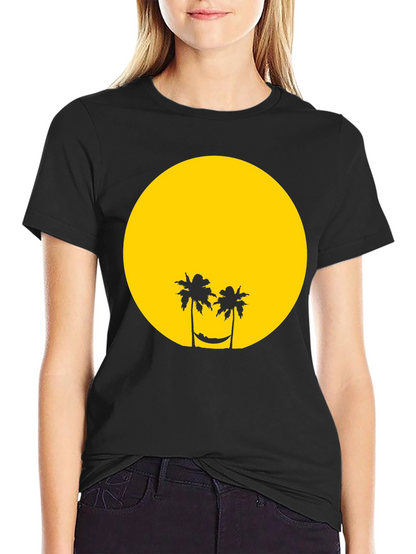 Tropical Sunset Graphic Tee - Black Cotton T-Shirt