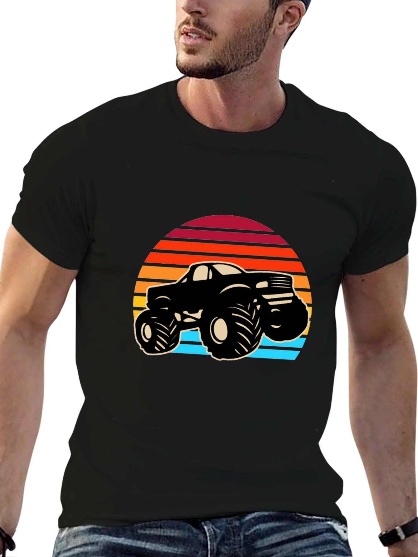 Retro Monster Truck Graphic Tee - Black Cotton Blend