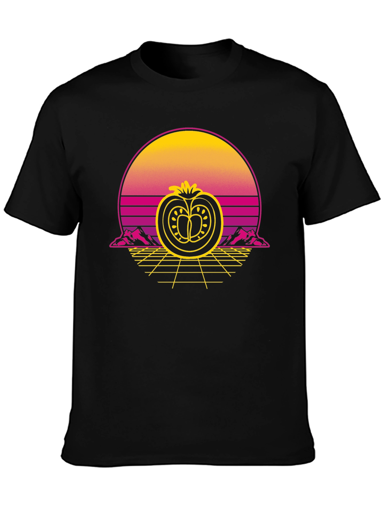 Retro Tomato Graphic Tee - Black Cotton T-Shirt