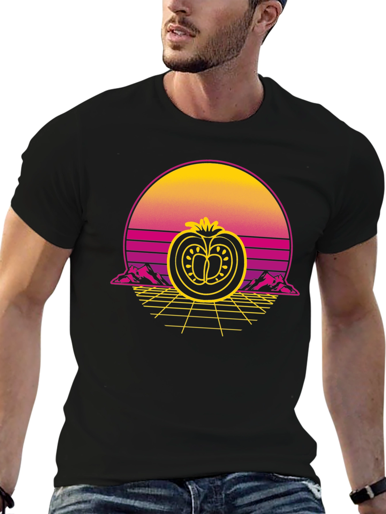 Retro Tomato Graphic Tee - Black Cotton T-Shirt