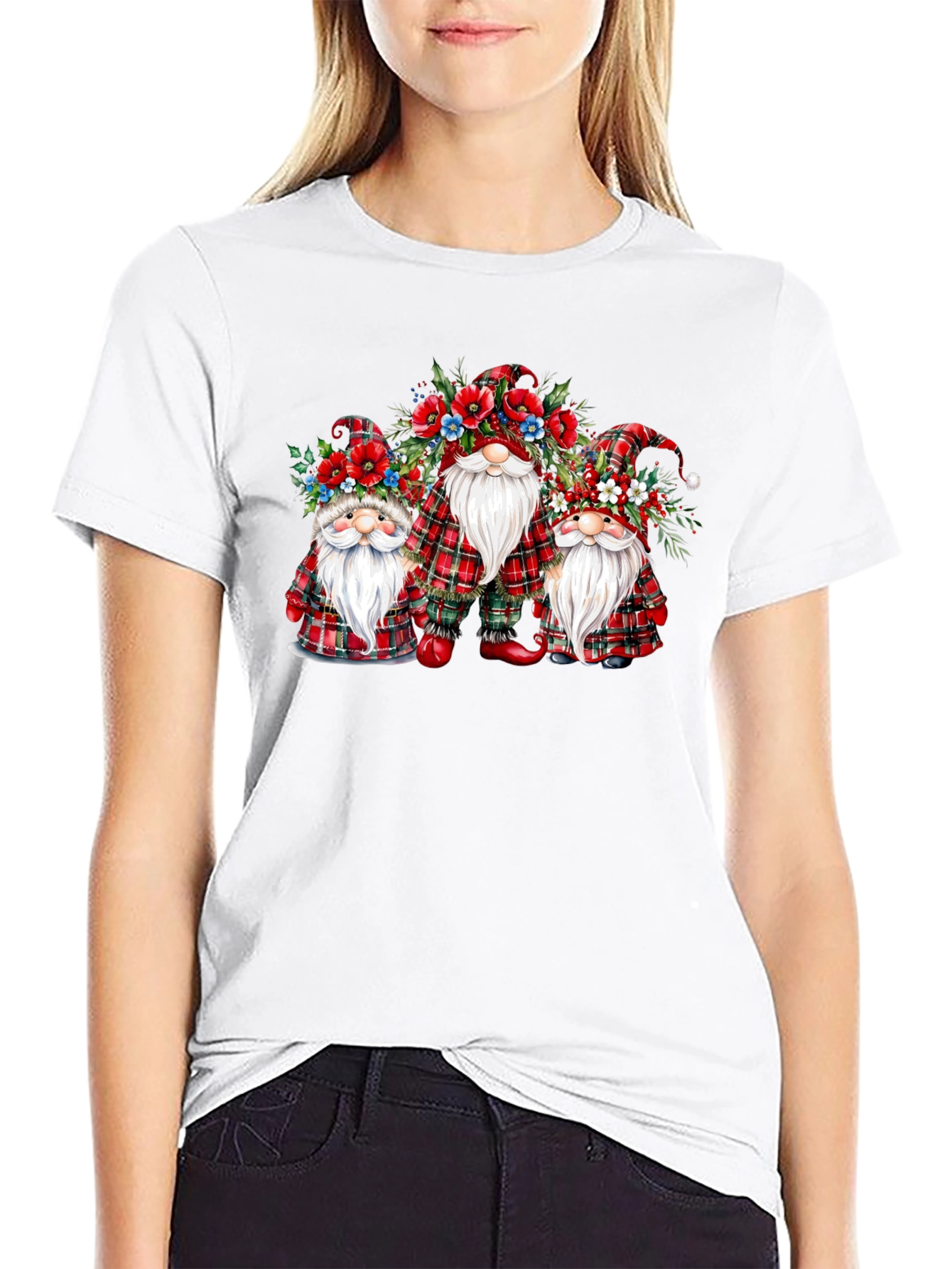 Festive Gnome T-Shirt: Plaid & Floral Design