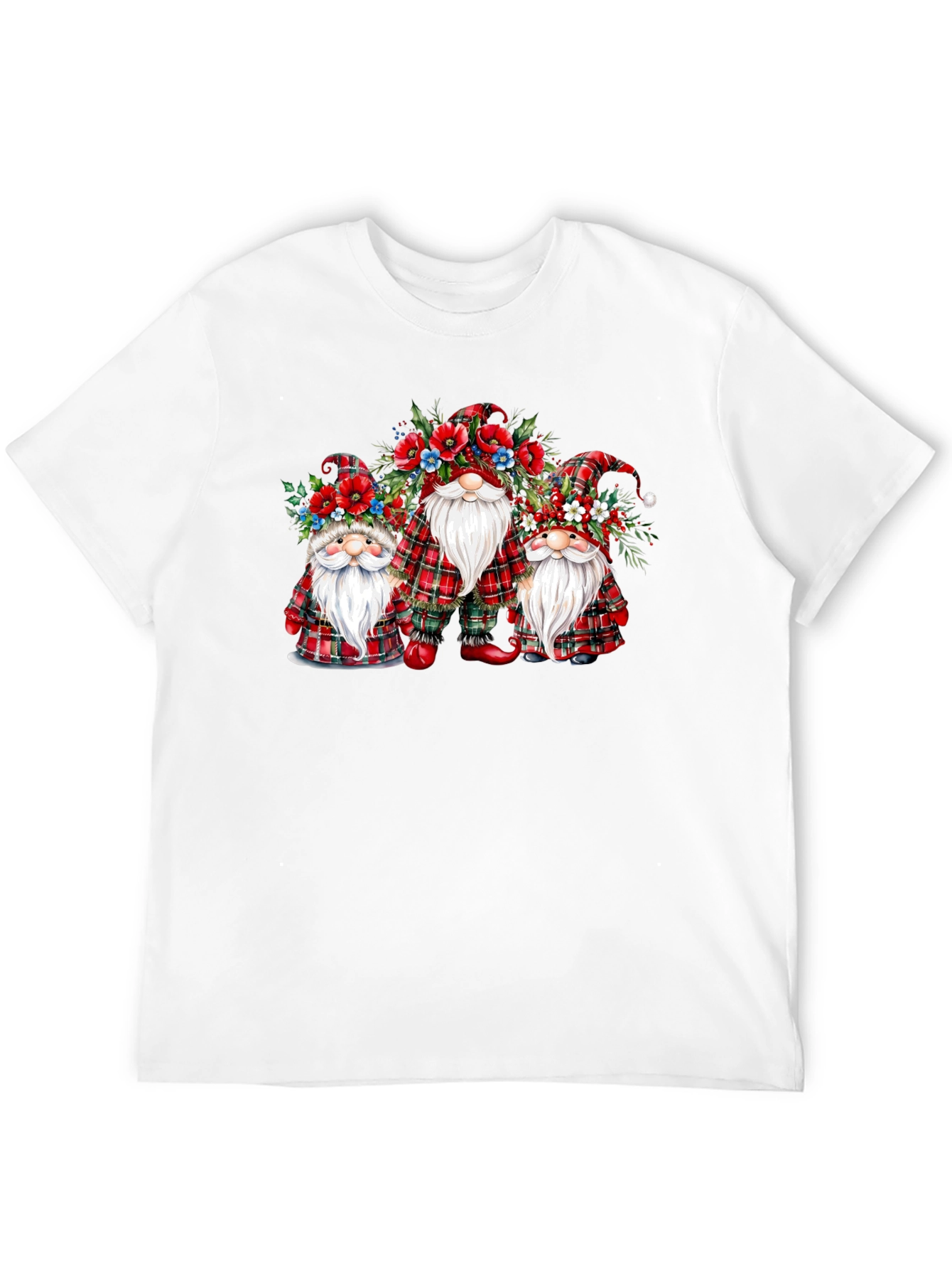 Festive Gnome T-Shirt: Plaid & Floral Design
