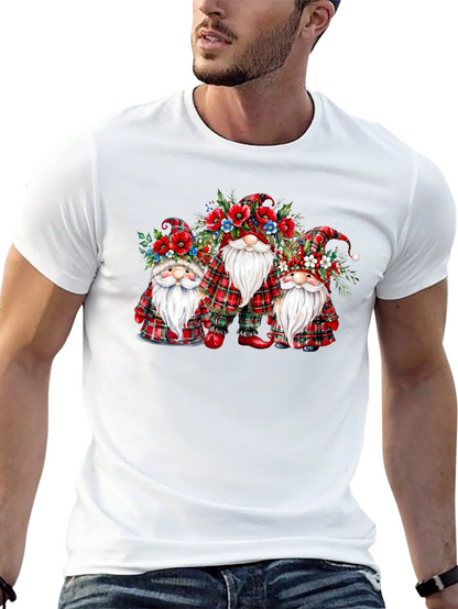 Festive Gnome T-Shirt: Plaid & Floral Design