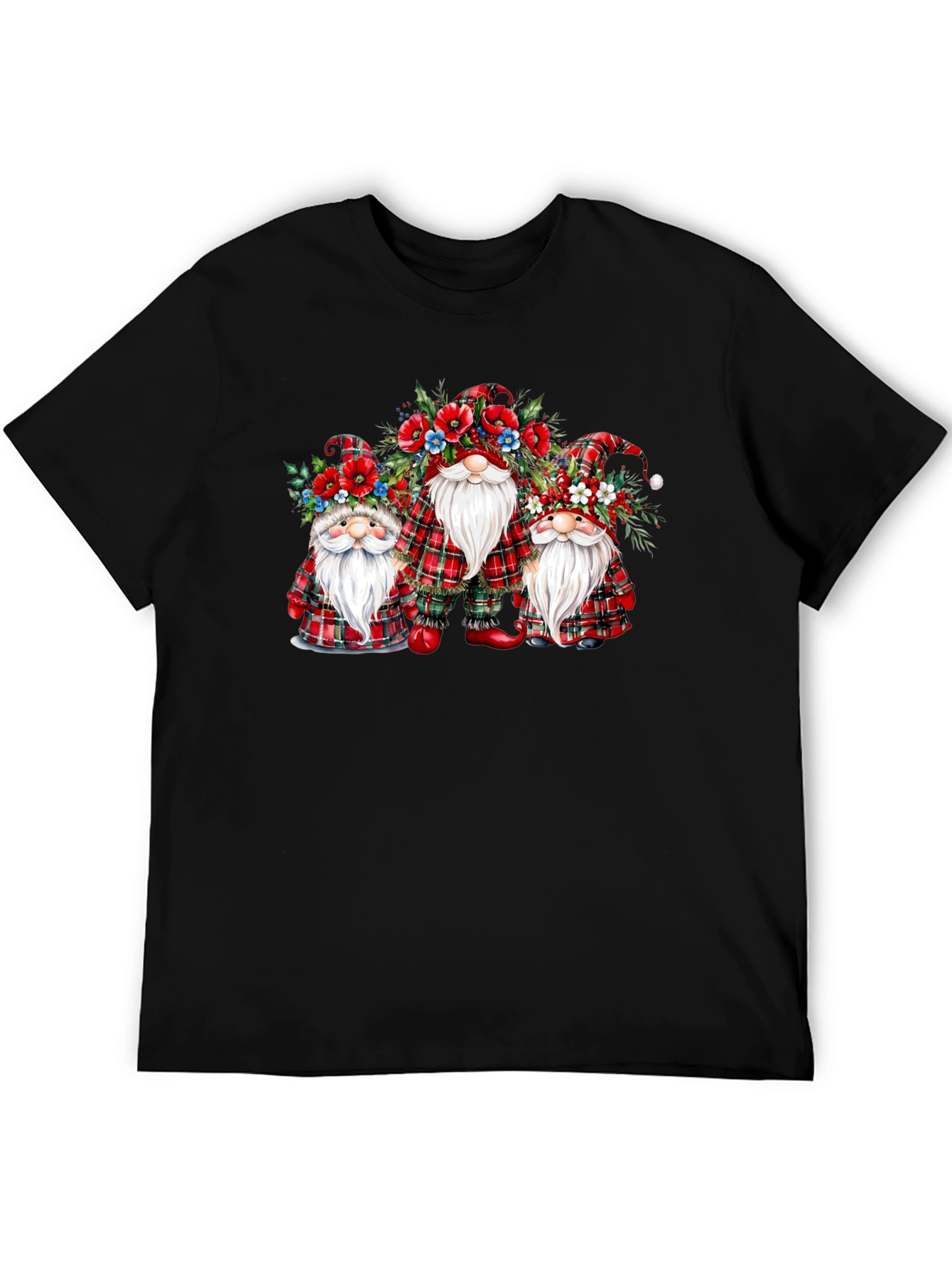 Festive Gnome T-Shirt: Plaid & Floral Design
