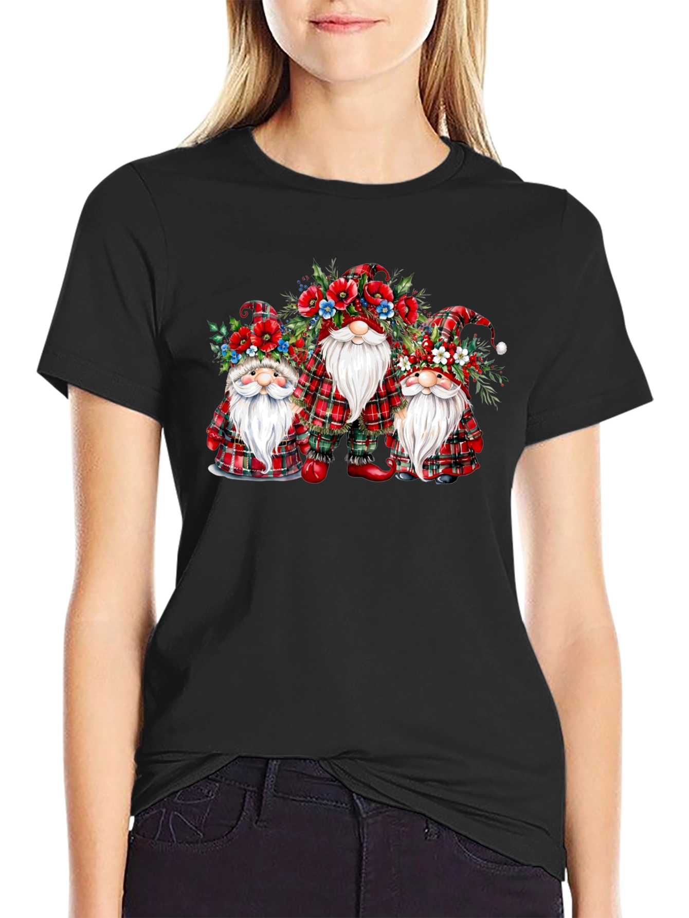 Festive Gnome T-Shirt: Plaid & Floral Design