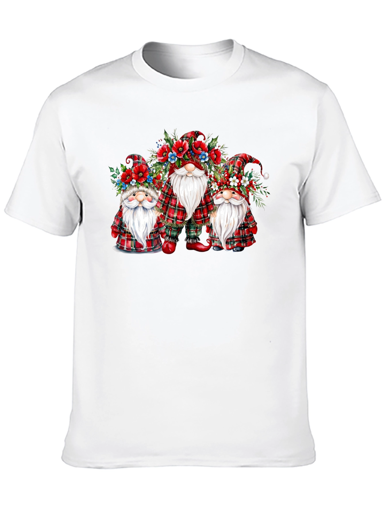 Festive Gnome T-Shirt: Plaid & Floral Design