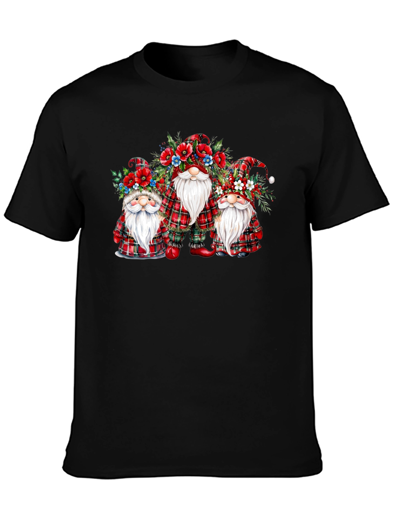 Festive Gnome T-Shirt: Plaid & Floral Design