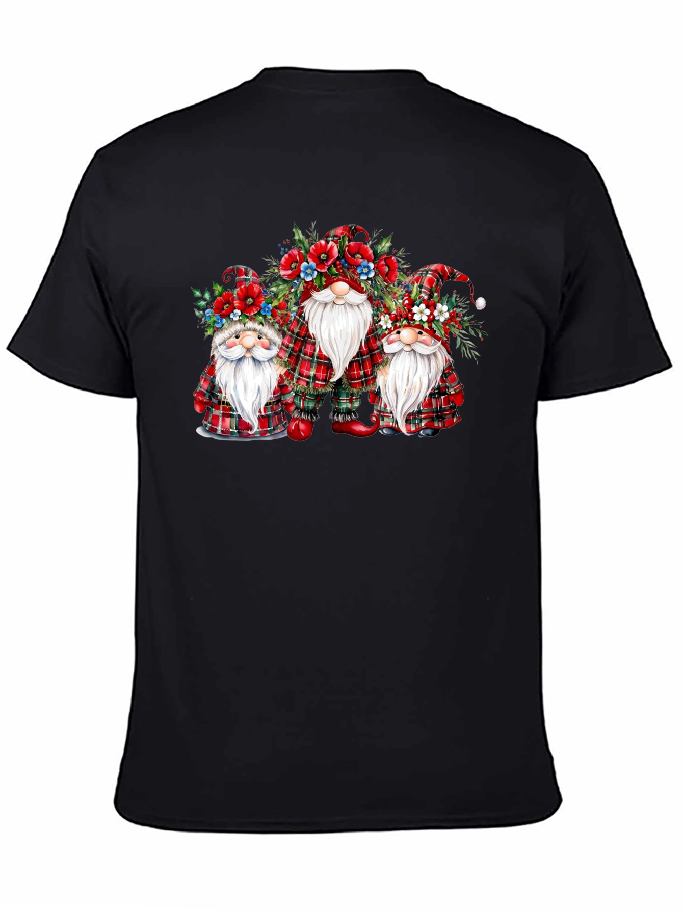 Festive Gnome T-Shirt: Plaid & Floral Design