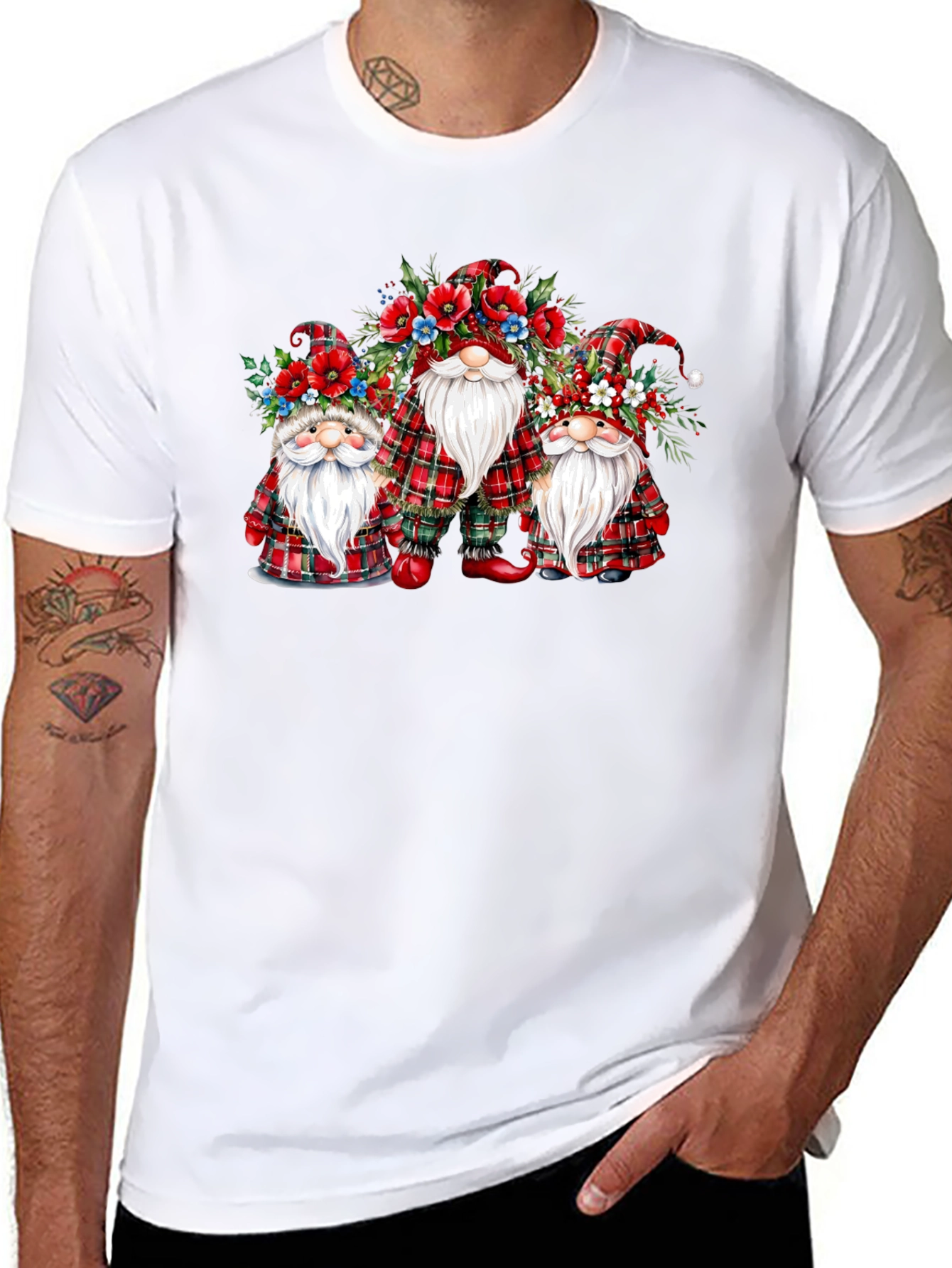 Festive Gnome T-Shirt: Plaid & Floral Design