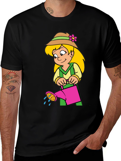 Cartoon Gardener Girl T-Shirt - Black Cotton Tee
