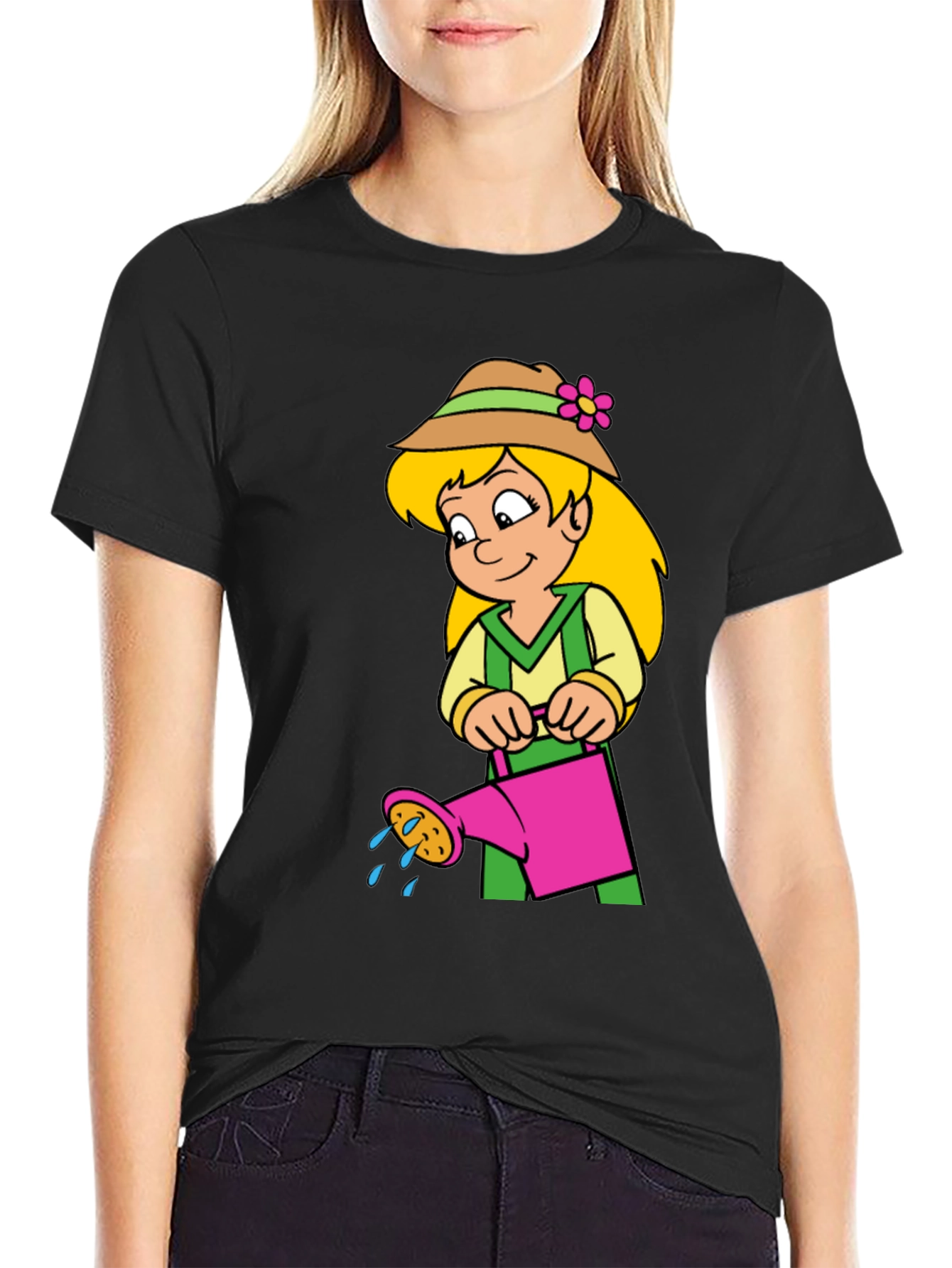 Cartoon Gardener Girl T-Shirt - Black Cotton Tee