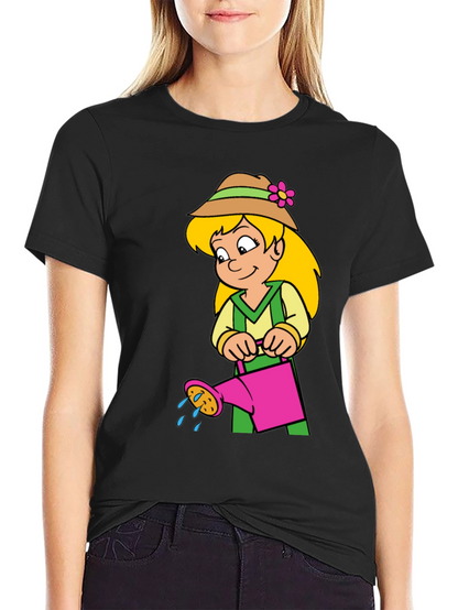 Cartoon Gardener Girl T-Shirt - Black Cotton Tee