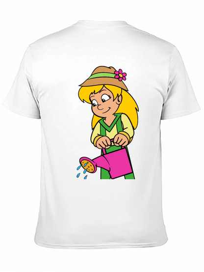 Cartoon Gardener Girl T-Shirt - Black Cotton Tee