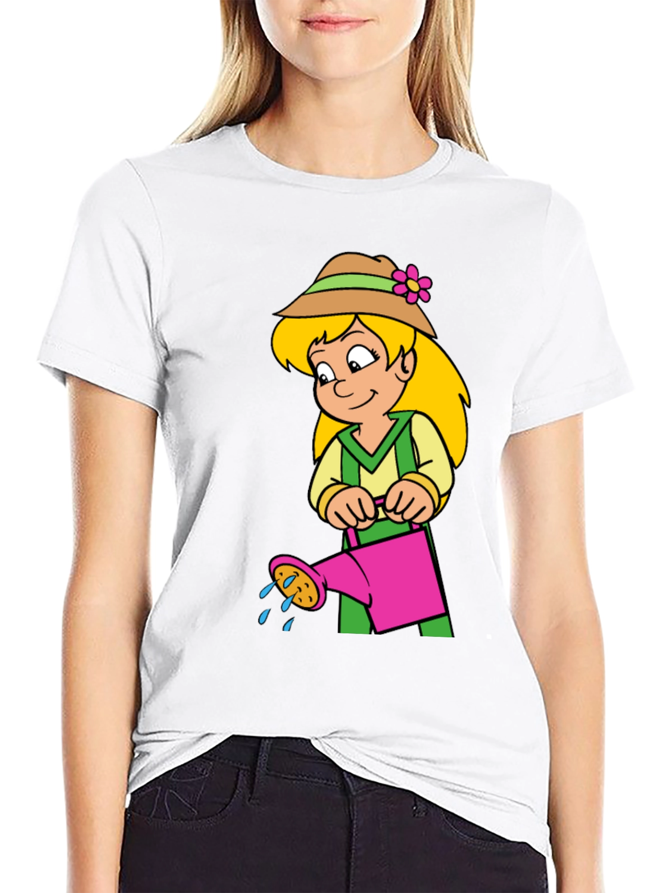 Cartoon Gardener Girl T-Shirt - Black Cotton Tee