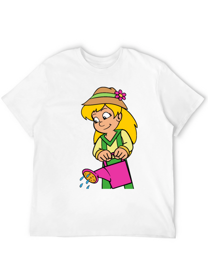 Cartoon Gardener Girl T-Shirt - Black Cotton Tee