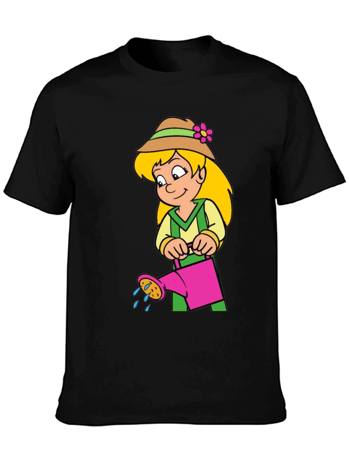 Cartoon Gardener Girl T-Shirt - Black Cotton Tee