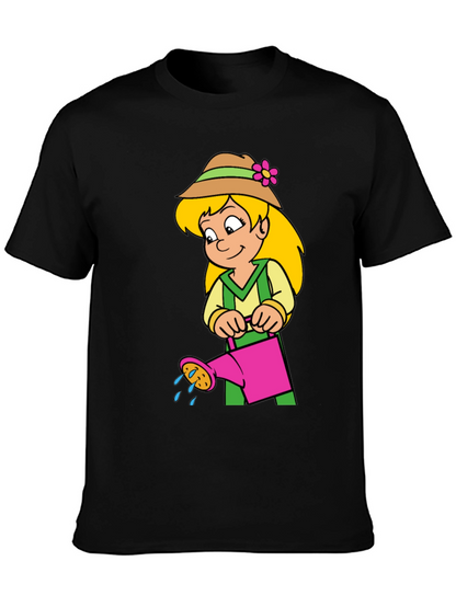 Cartoon Gardener Girl T-Shirt - Black Cotton Tee