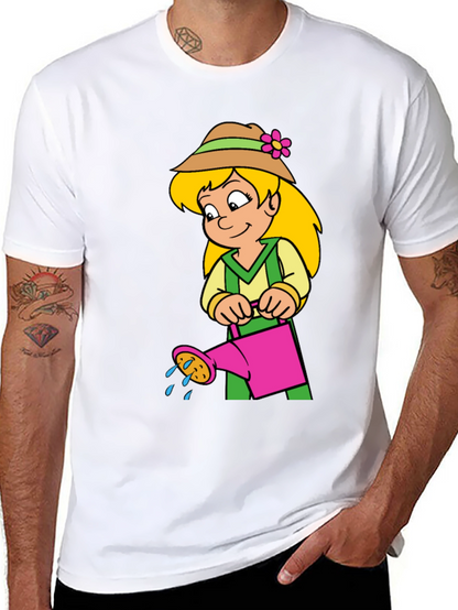 Cartoon Gardener Girl T-Shirt - Black Cotton Tee