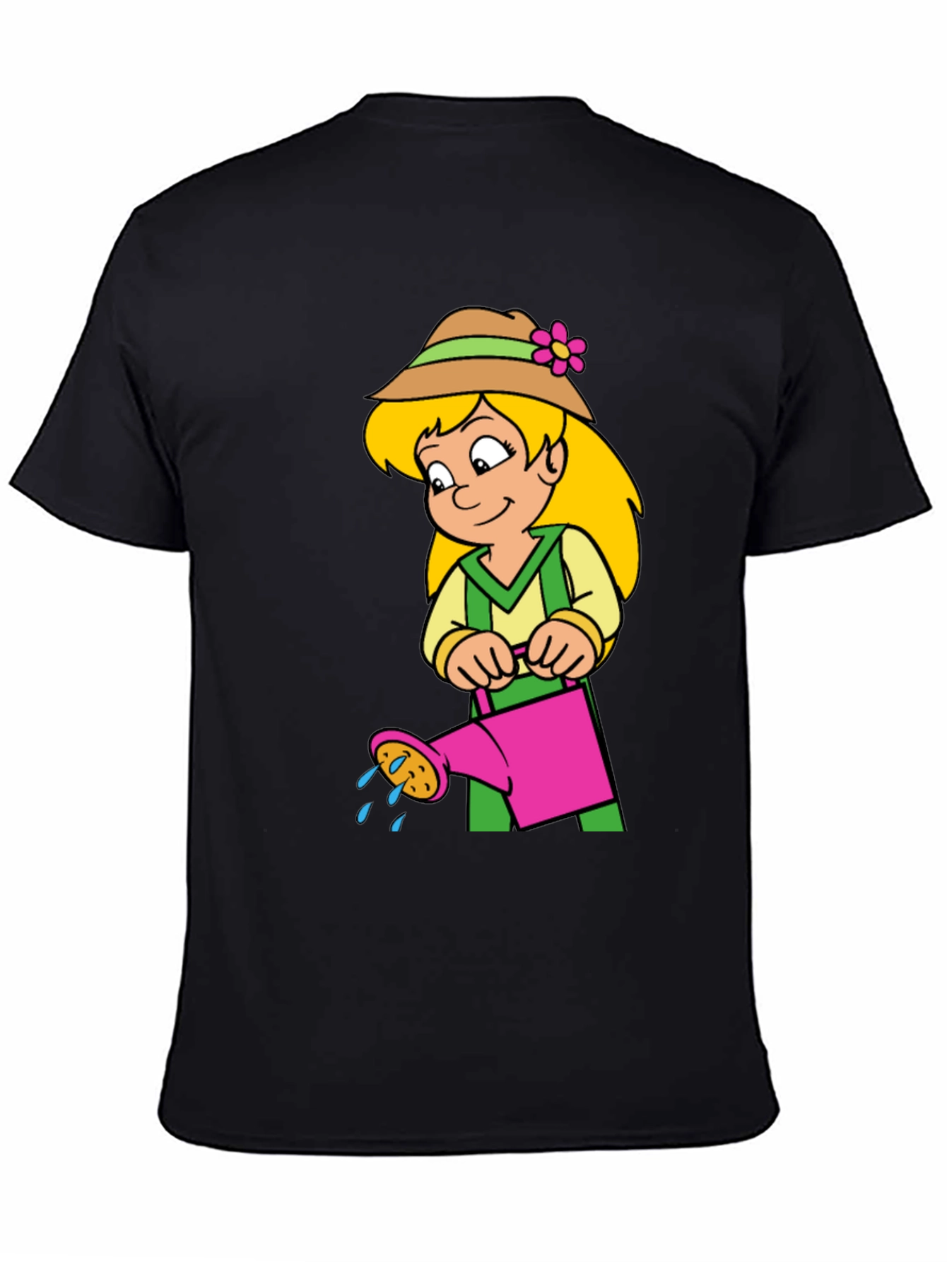 Cartoon Gardener Girl T-Shirt - Black Cotton Tee