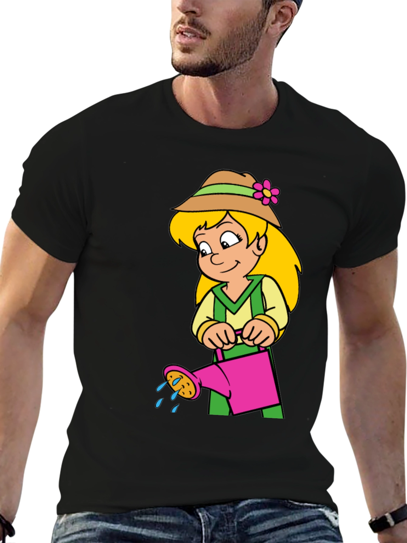 Cartoon Gardener Girl T-Shirt - Black Cotton Tee