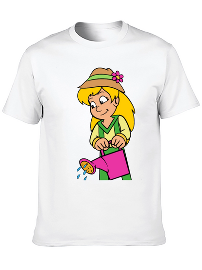 Cartoon Gardener Girl T-Shirt - Black Cotton Tee