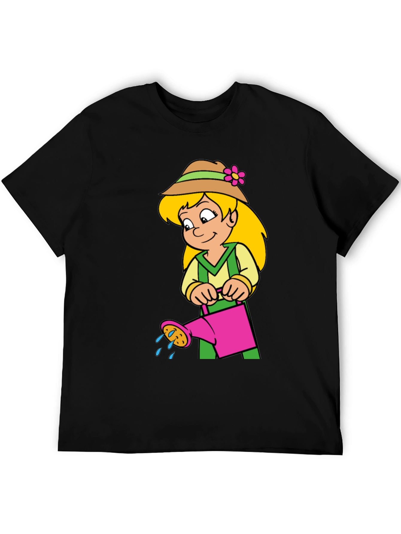 Cartoon Gardener Girl T-Shirt - Black Cotton Tee