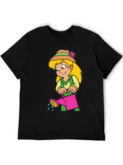 Cartoon Gardener Girl T-Shirt - Black Cotton Tee